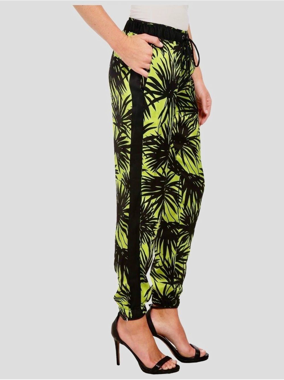 MICHAEL KORS Satin Neon Lime Green & Black Palm Leaf Print Track Pants